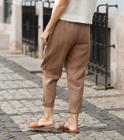 Relaxed Linen Trousers with Elasticated Waist and Rolled Hem
