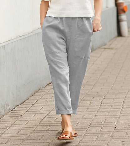 Relaxed Linen Trousers with Elasticated Waist and Rolled Hem