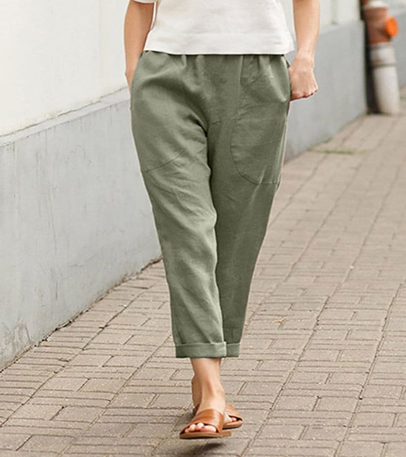 Relaxed Linen Trousers with Elasticated Waist and Rolled Hem