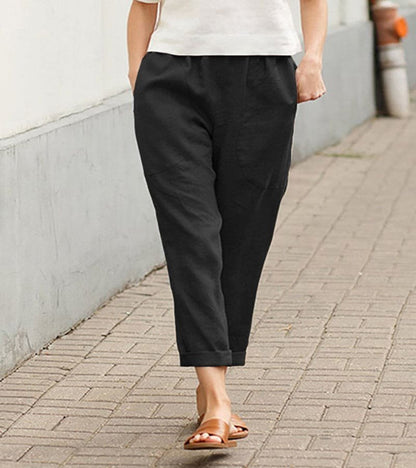 Relaxed Linen Trousers with Elasticated Waist and Rolled Hem