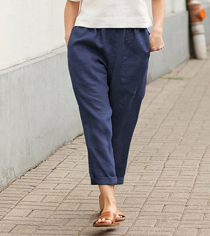 Relaxed Linen Trousers with Elasticated Waist and Rolled Hem
