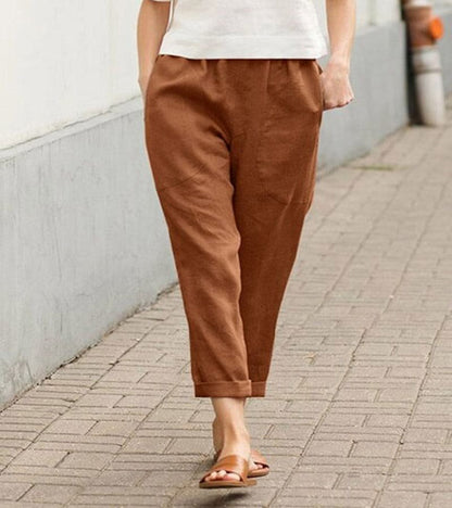 Relaxed Linen Trousers with Elasticated Waist and Rolled Hem