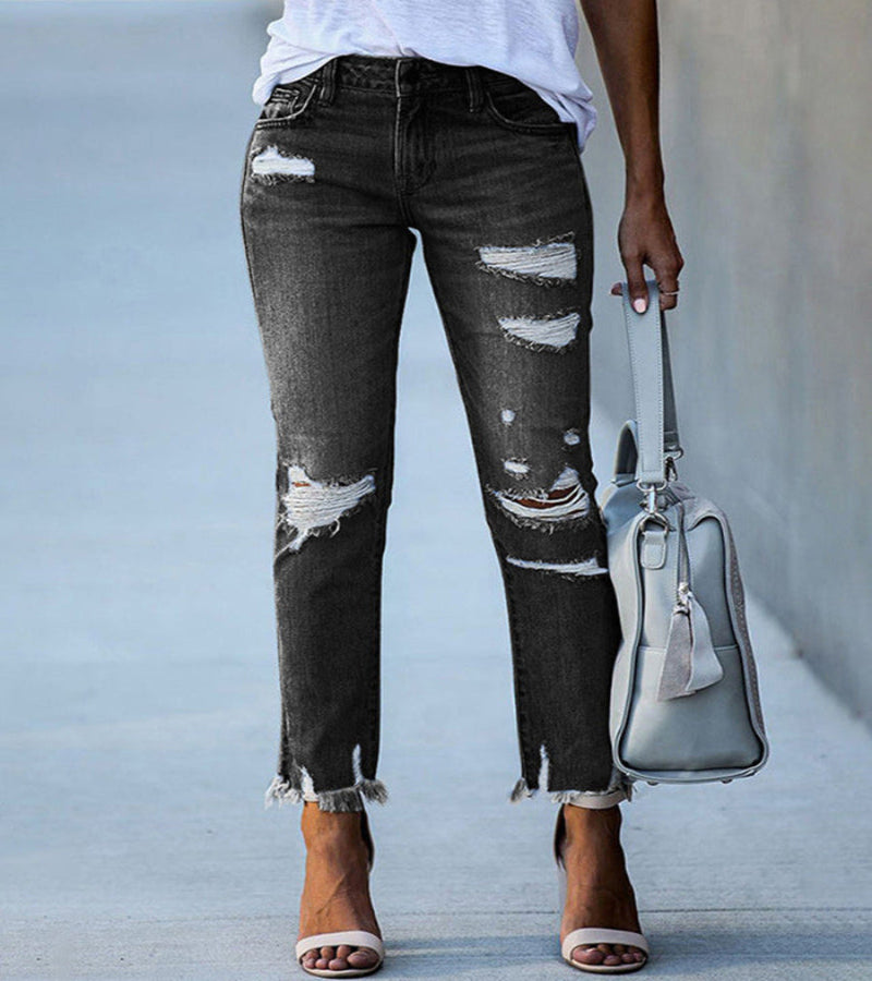 Relaxed Ripped Jeans with Frayed Hem and Straight Leg
