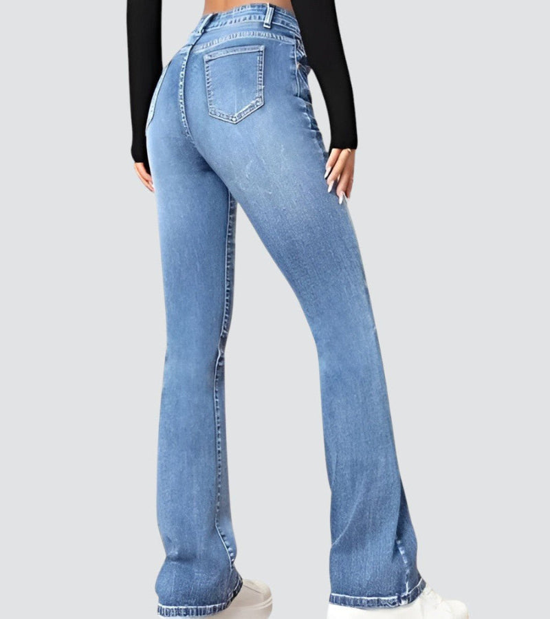 Retro High Waist Slim Flared Jeans in Stretch Denim