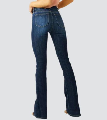 Retro Mid Rise Slim Flared Jeans in Dark Wash Stretch Denim