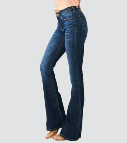 Retro Mid Rise Slim Flared Jeans in Dark Wash Stretch Denim