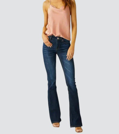 Retro Mid Rise Slim Flared Jeans in Dark Wash Stretch Denim