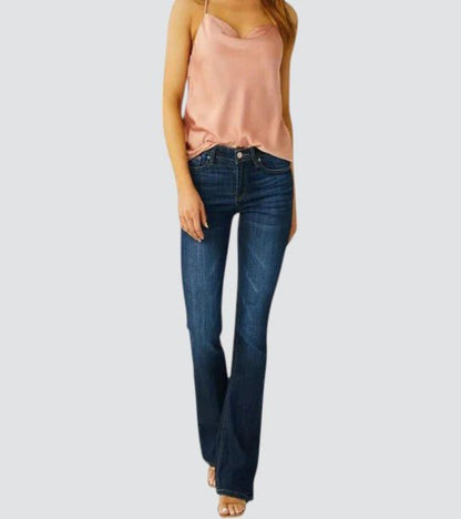 Retro Mid Rise Slim Flared Jeans in Dark Wash Stretch Denim