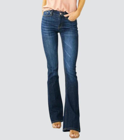 Retro Mid Rise Slim Flared Jeans in Dark Wash Stretch Denim