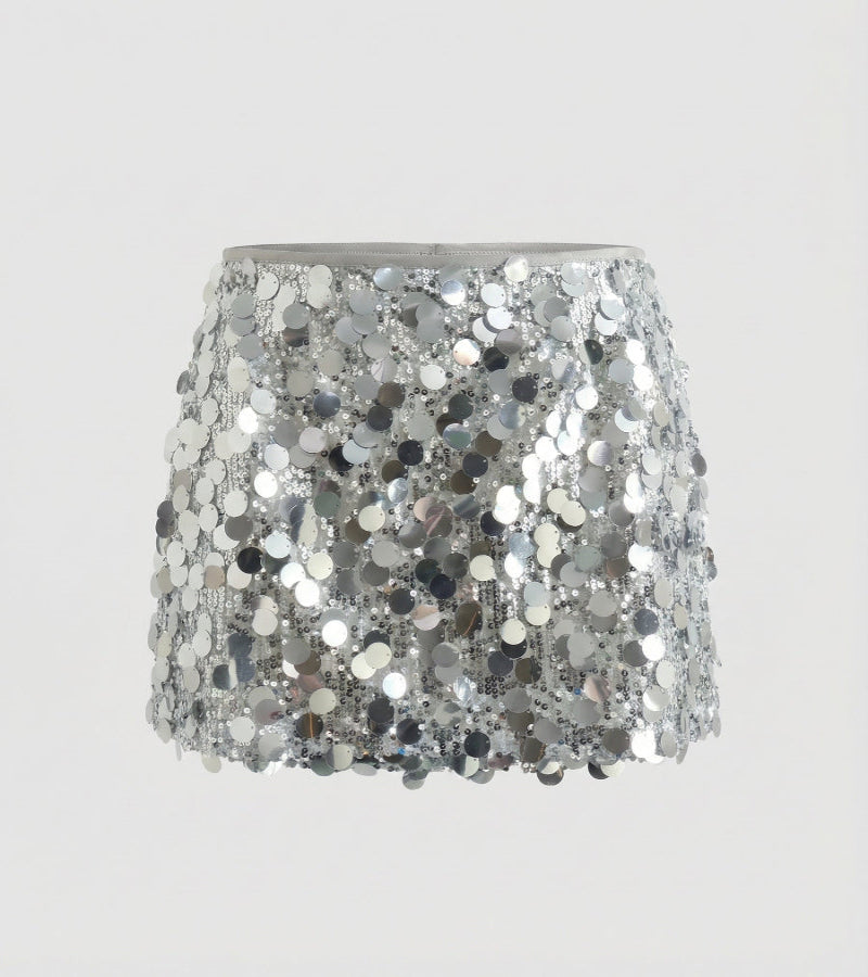 Sequin Mini Skirt with Large Disc Embellishment