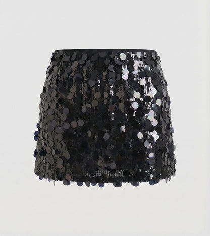 Sequin Mini Skirt with Large Disc Embellishment