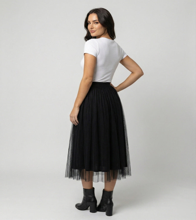 Tulle Midi Skirt with Full Layered A-Line Silhouette and Elasticated Waist