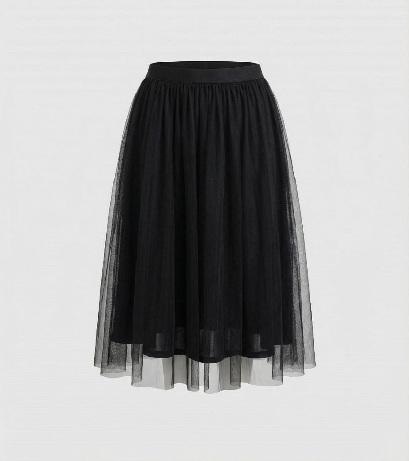 Tulle Midi Skirt with Full Layered A-Line Silhouette and Elasticated Waist