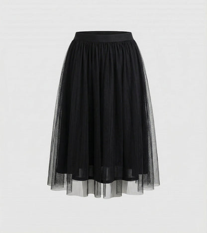 Tulle Midi Skirt with Full Layered A-Line Silhouette and Elasticated Waist