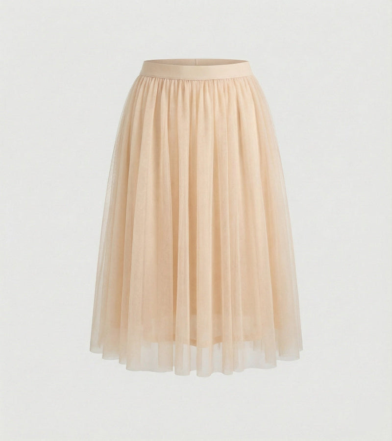 Tulle Midi Skirt with Full Layered A-Line Silhouette and Elasticated Waist