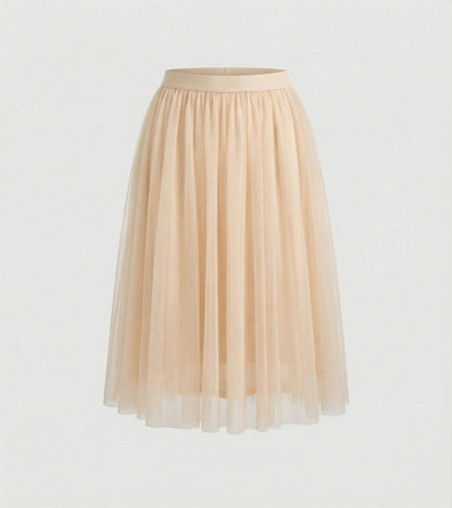Tulle Midi Skirt with Full Layered A-Line Silhouette and Elasticated Waist