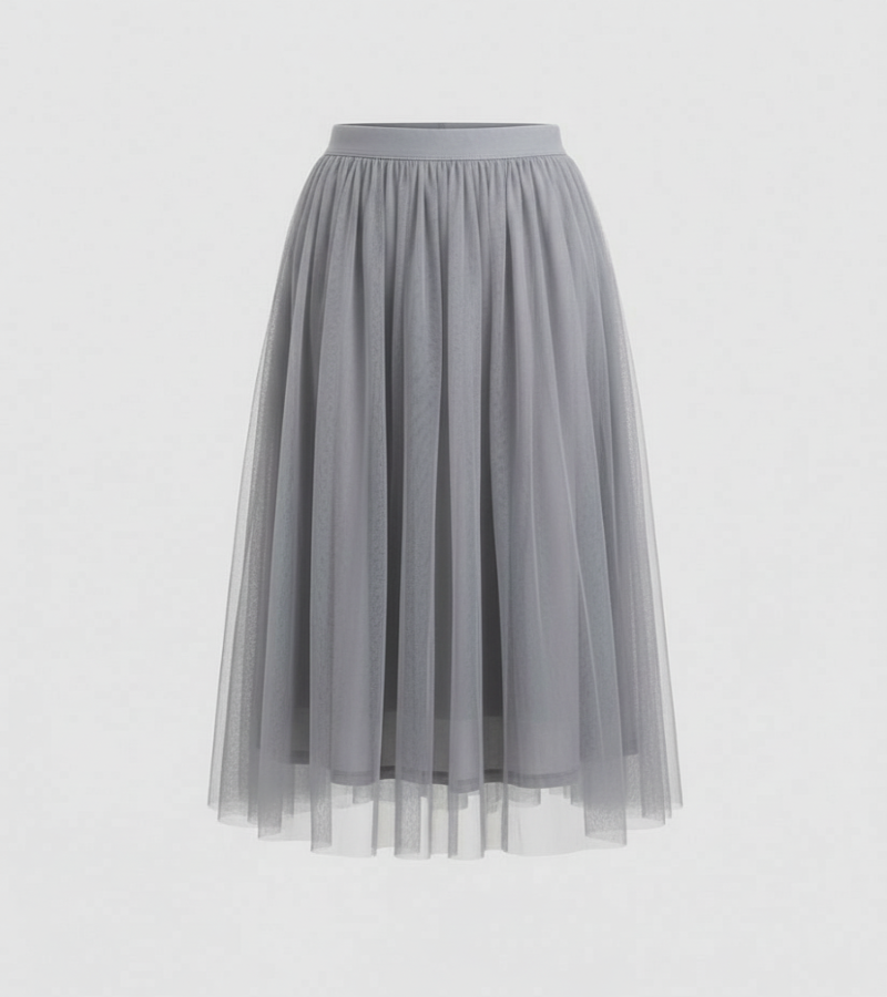 Tulle Midi Skirt with Full Layered A-Line Silhouette and Elasticated Waist