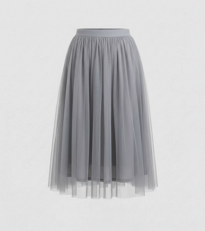 Tulle Midi Skirt with Full Layered A-Line Silhouette and Elasticated Waist