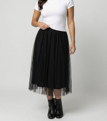 Tulle Midi Skirt with Full Layered A-Line Silhouette and Elasticated Waist