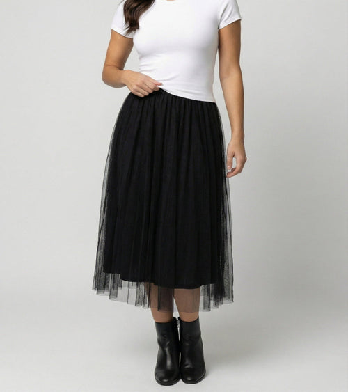 Tulle Midi Skirt with Full Layered A-Line Silhouette and Elasticated Waist